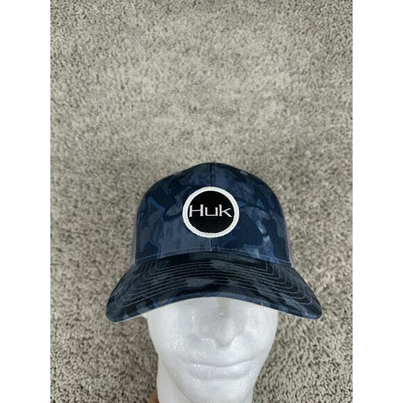 Huk Hat Cap Snap Back Blue Camo Mesh Trucker Patch Fishing Outdoor Mens - Picture 1 of 11
